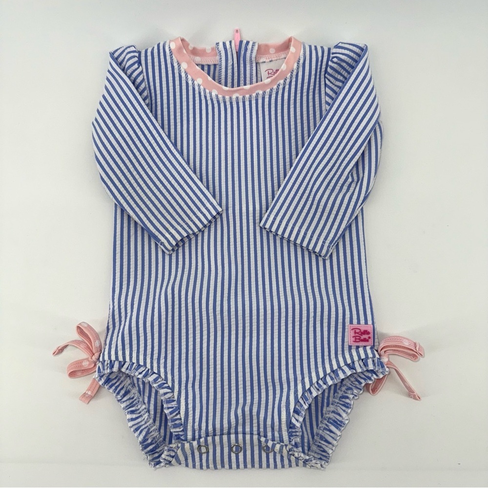 Ruffle Butts Blue, White Seersucker and Pink Polka Dot Baby Swim RashGuard